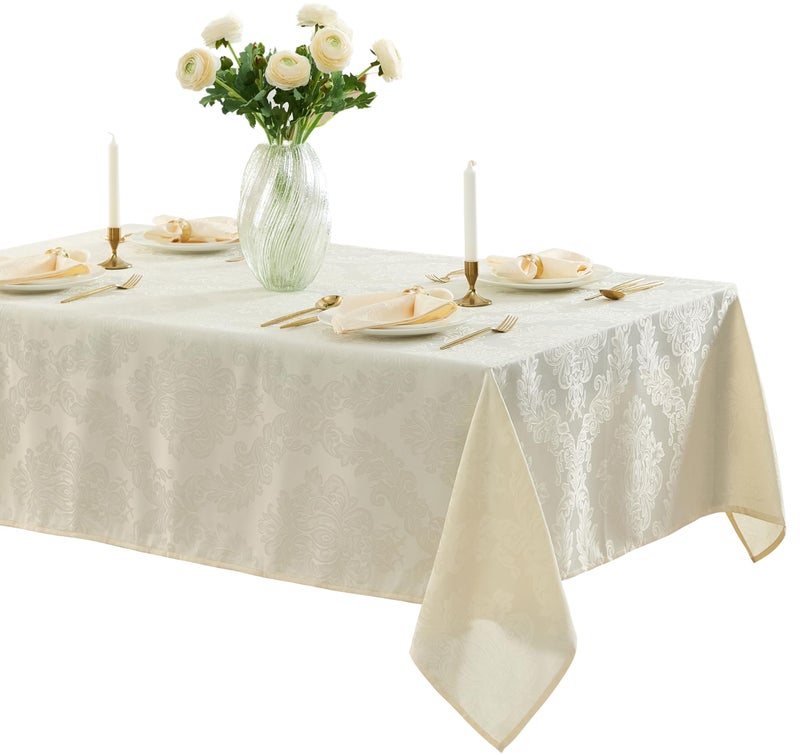 Newbridge Barcelona Luxury Damask Fabric Tablecloth, 60â€ Wide x 102â€ Rectangle, Antique White, 100% Polyester, No Iron, Soil Resistant Dining Room, Party and Banquet Table Cover - Image 1